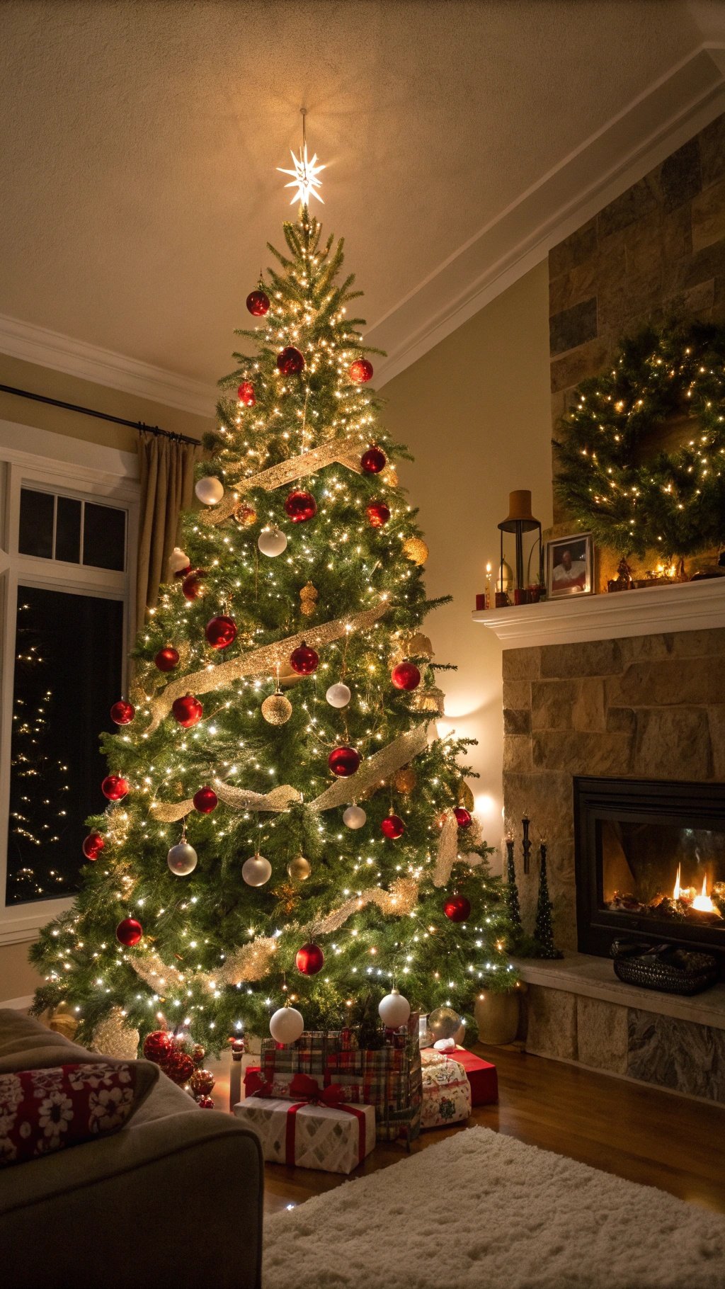 A beautifully decorated Christmas tree with lights and ornaments, surrounded by presents in a cozy living room.