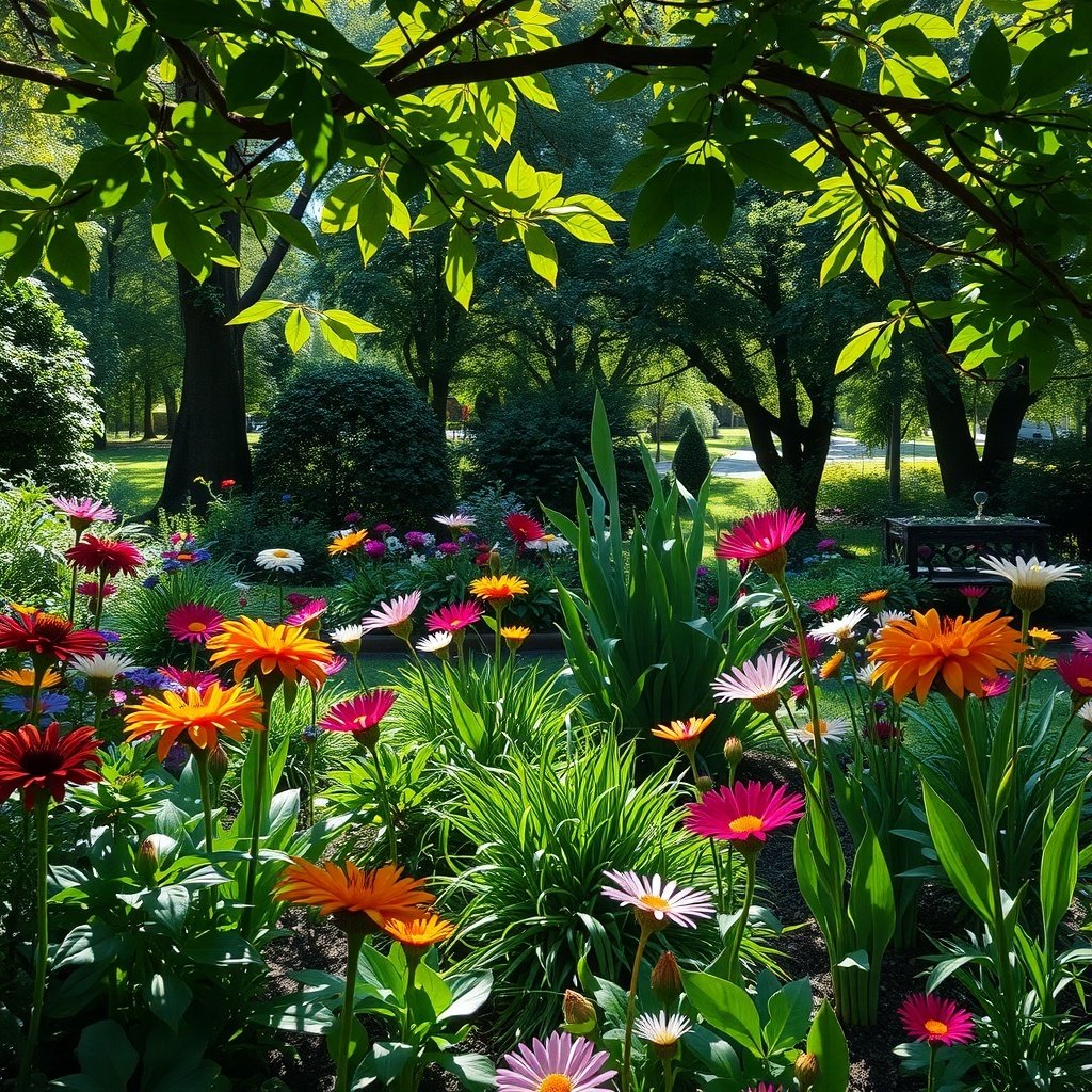 A colorful garden filled with various flowers blooming in a shaded area