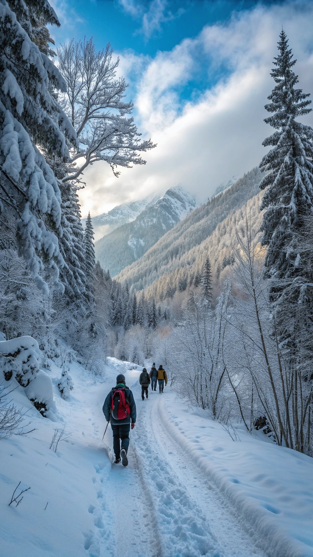 A snowy hiking trail with tall trees and mountains in the background, featuring hikers walking along the path.