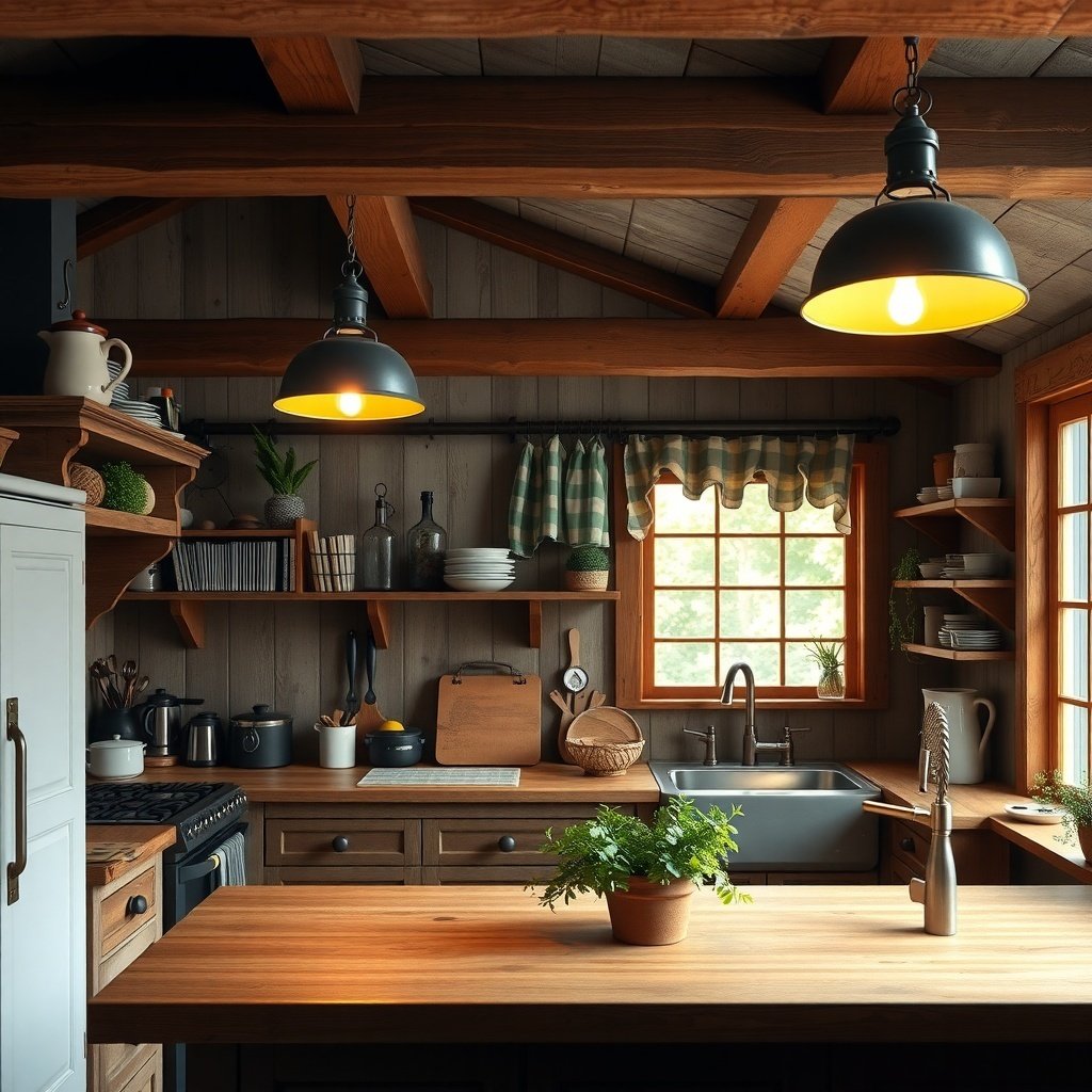 Cozy farmhouse kitchen with wooden beams and pendant lighting