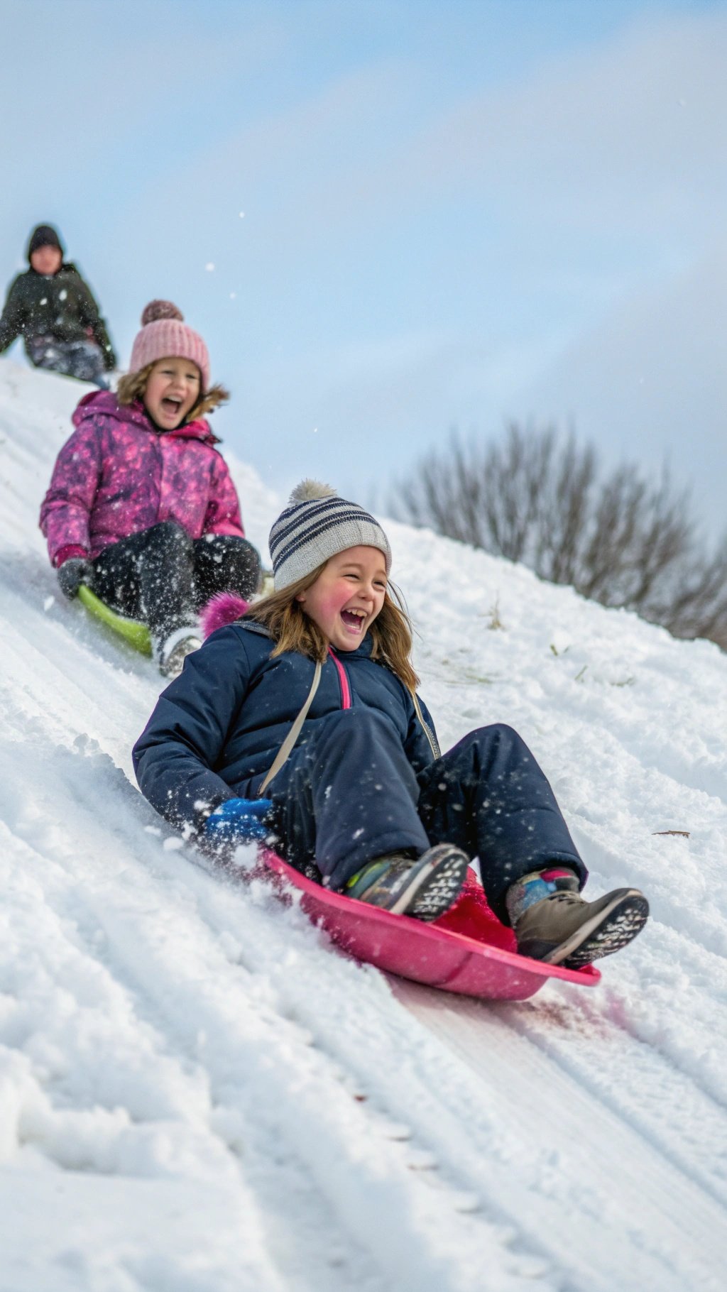 Children sledding down a snowy hill, laughing and enjoying the winter day.