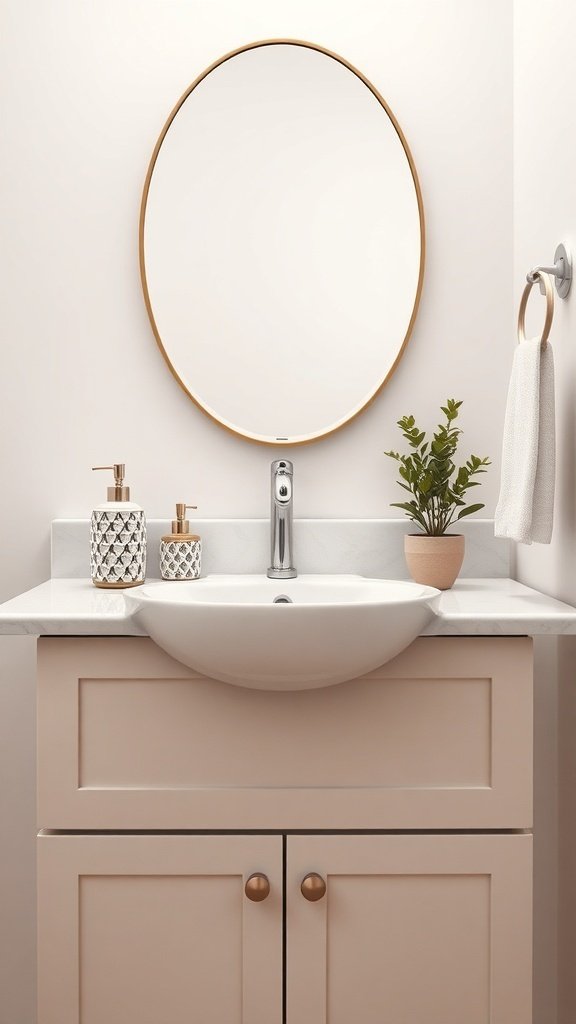 Stylish bathroom sink with round mirror and decorative items