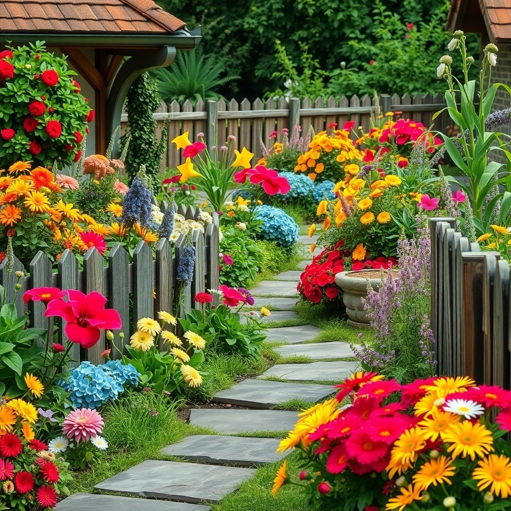 A vibrant cottage garden with colorful flowers and a stone path.