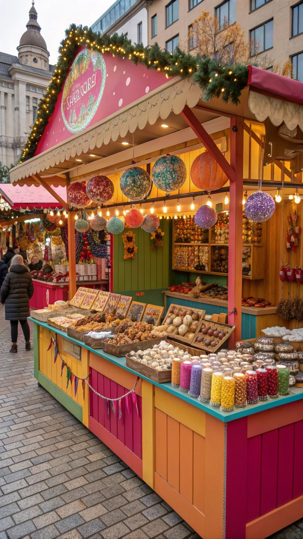 A colorful Christmas market stall filled with festive treats and decorations.