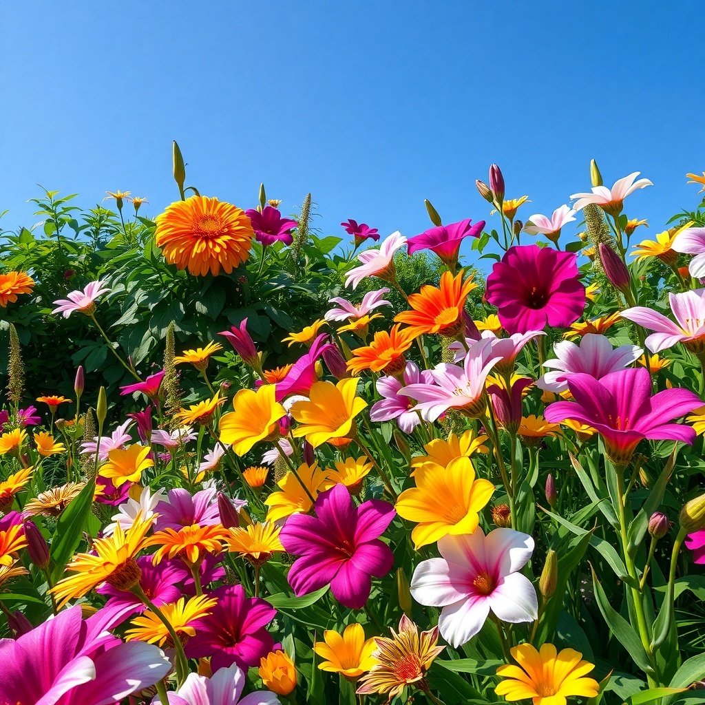 Colorful flowers in a garden with a blue sky