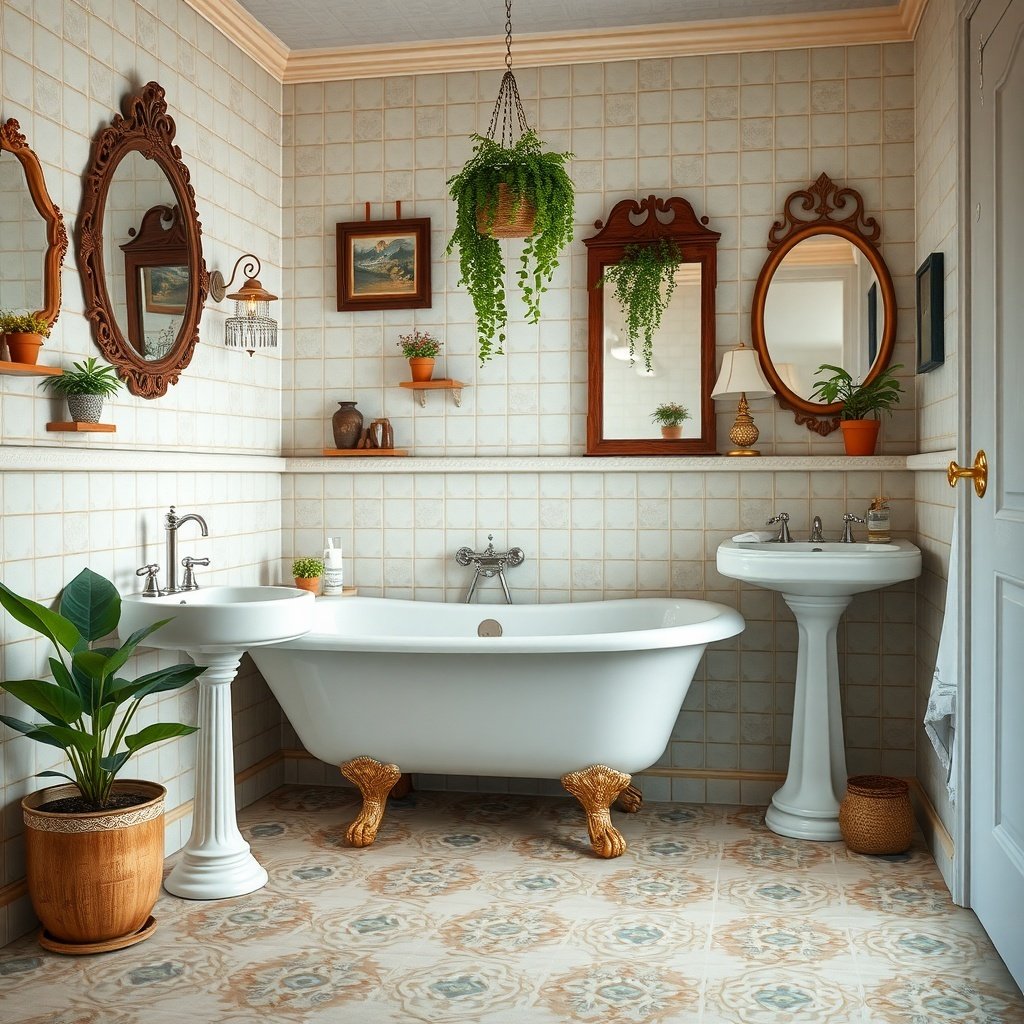 A vintage bathroom featuring a clawfoot tub, wooden mirrors, and potted plants.