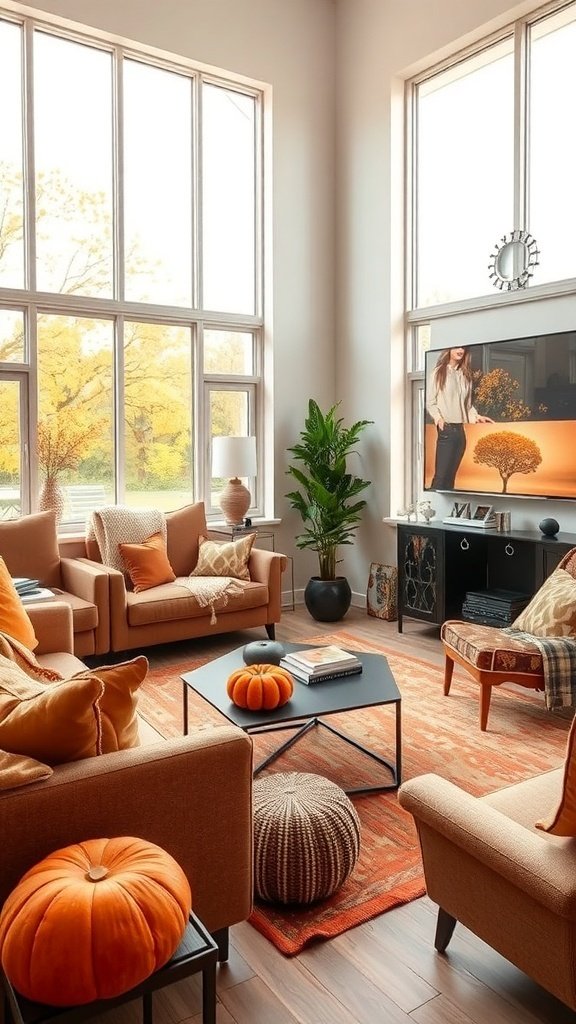 Cozy living room with large windows, pumpkins, and warm tones