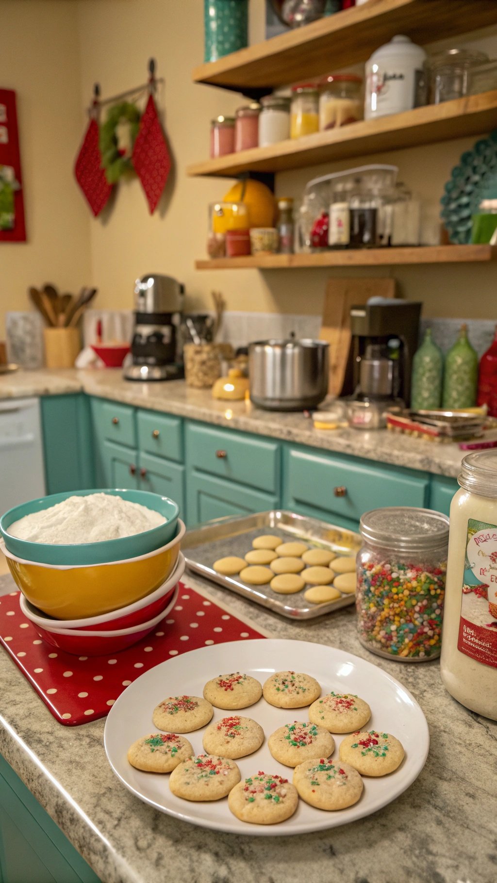 A cozy kitchen scene with colorful bowls, flour, and freshly baked cookies, perfect for a holiday baking theme.