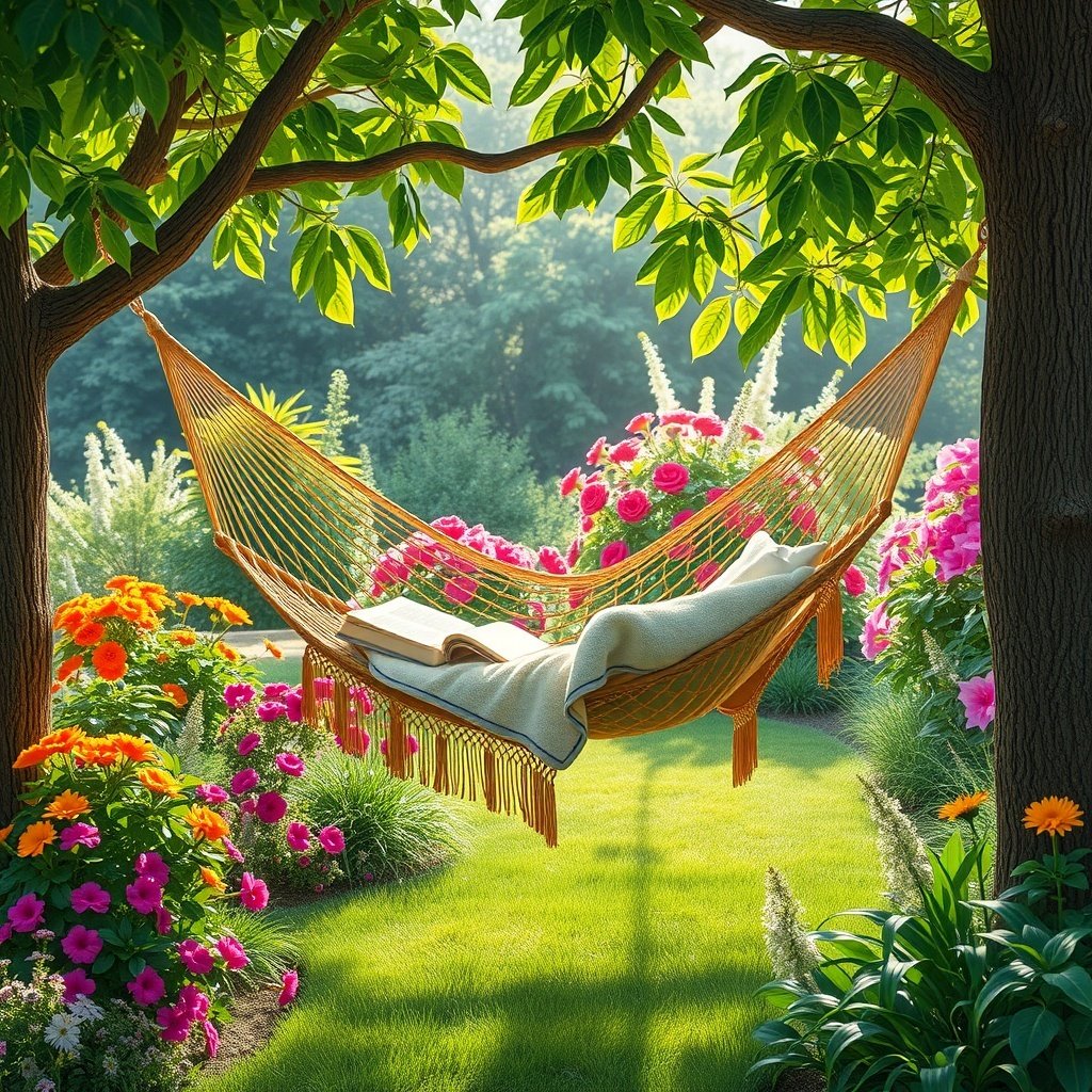 A cozy hammock surrounded by colorful flowers in a garden