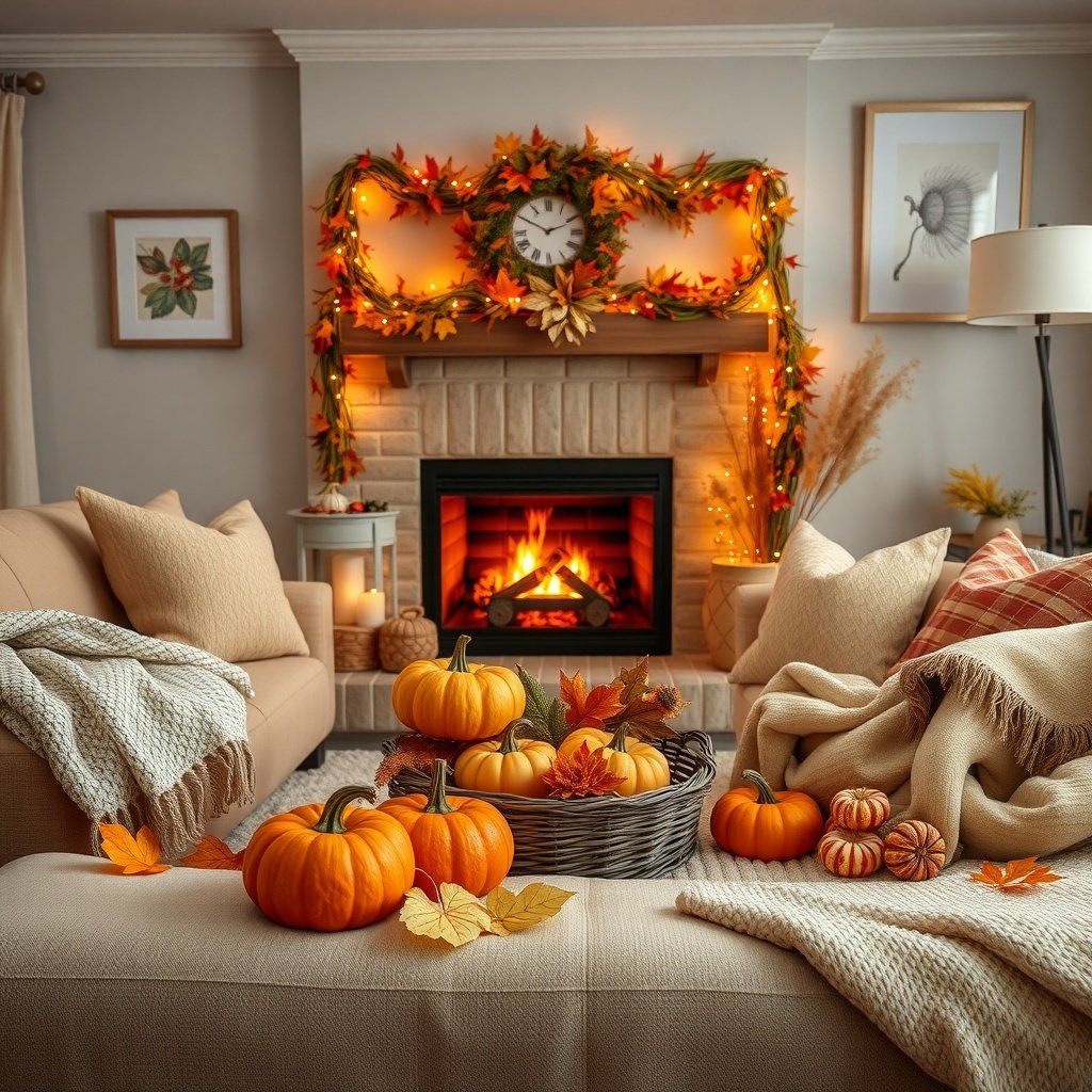 Cozy fall living room with pumpkins, leaves, and a fireplace