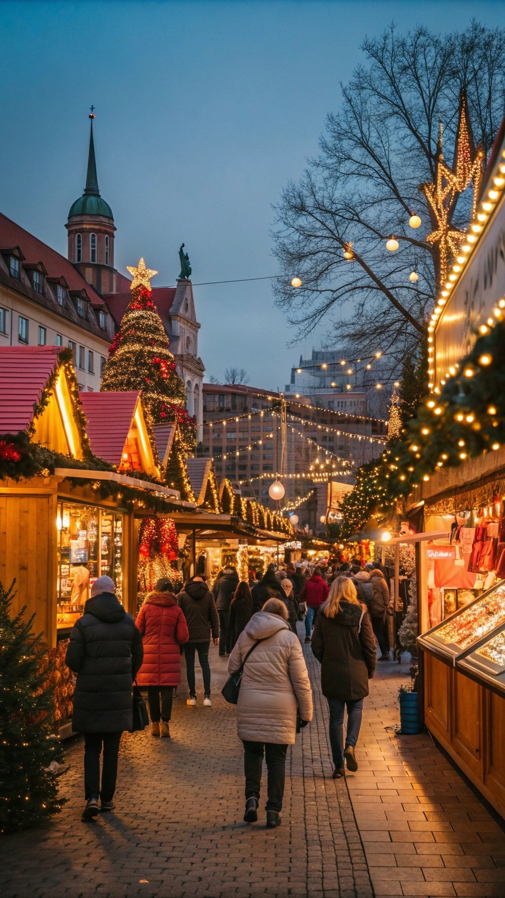 A holiday market scene with wooden stalls, lights, and a Christmas tree.