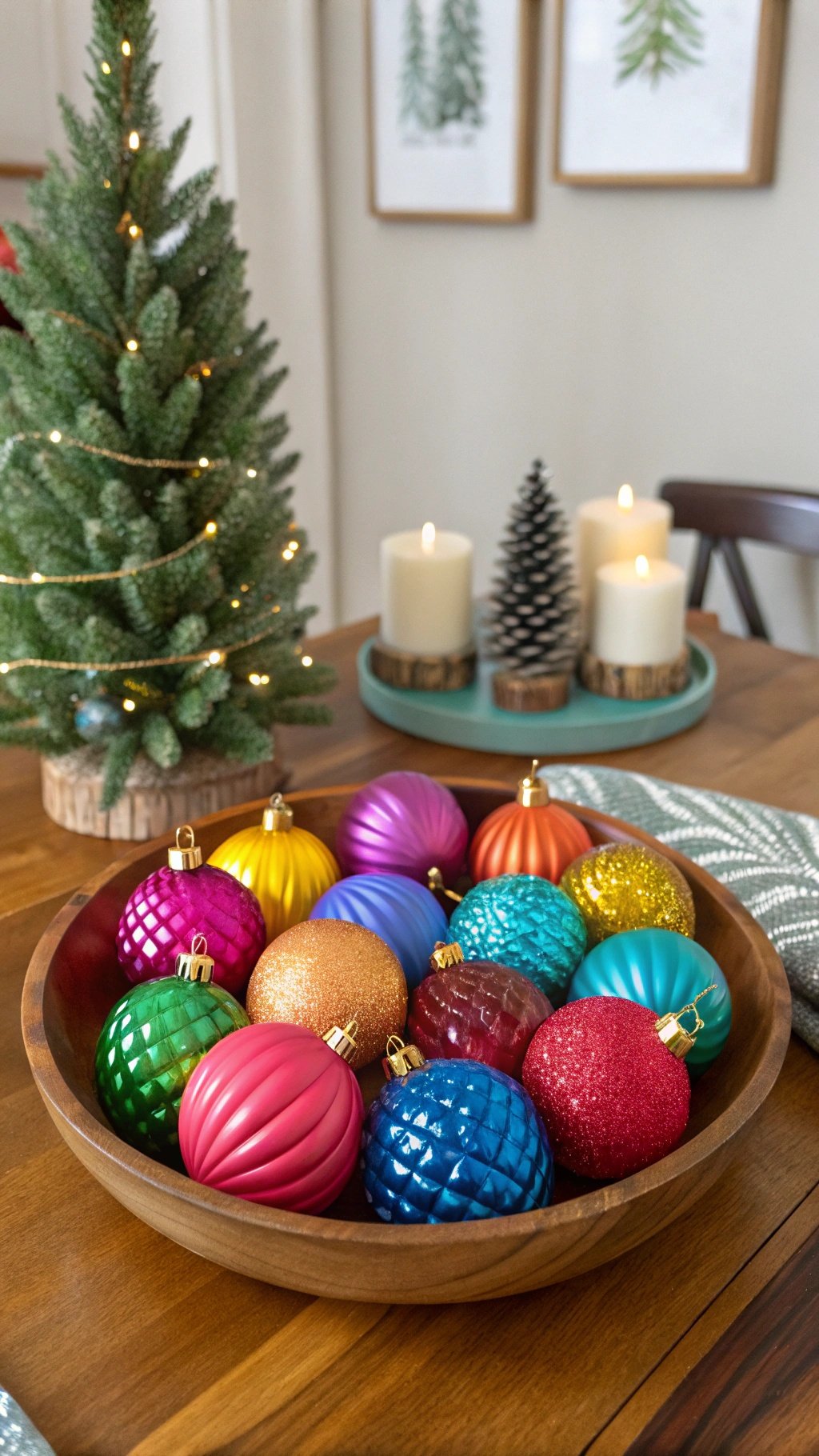 A collection of colorful holiday ornaments in a wooden bowl, with a small Christmas tree and candles in the background.