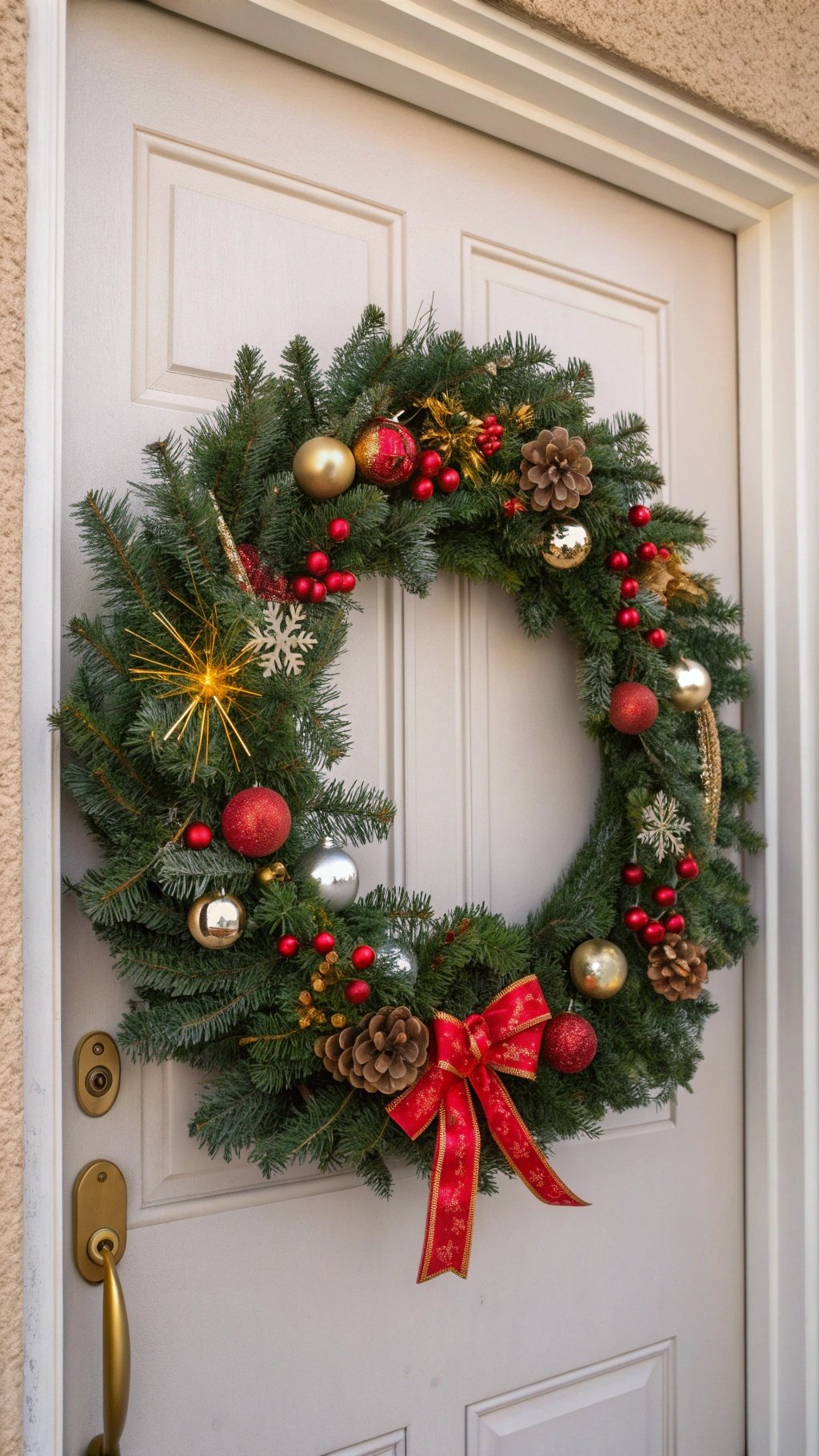 A beautifully decorated Christmas wreath hanging on a door, featuring ornaments, pinecones, and a red bow.