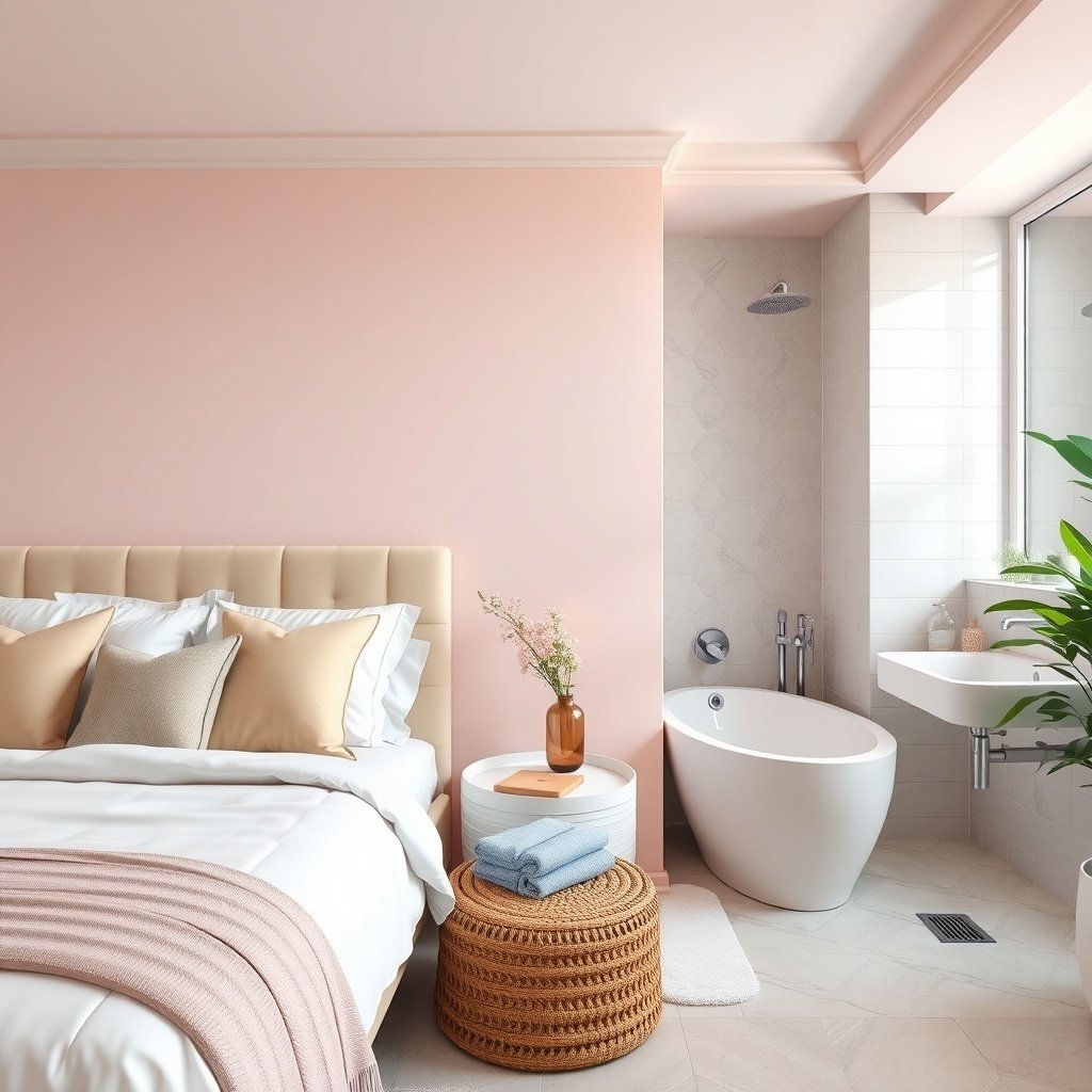 A stylish bedroom with a light pink wall, plush bed, and a modern bathroom featuring a freestanding tub.