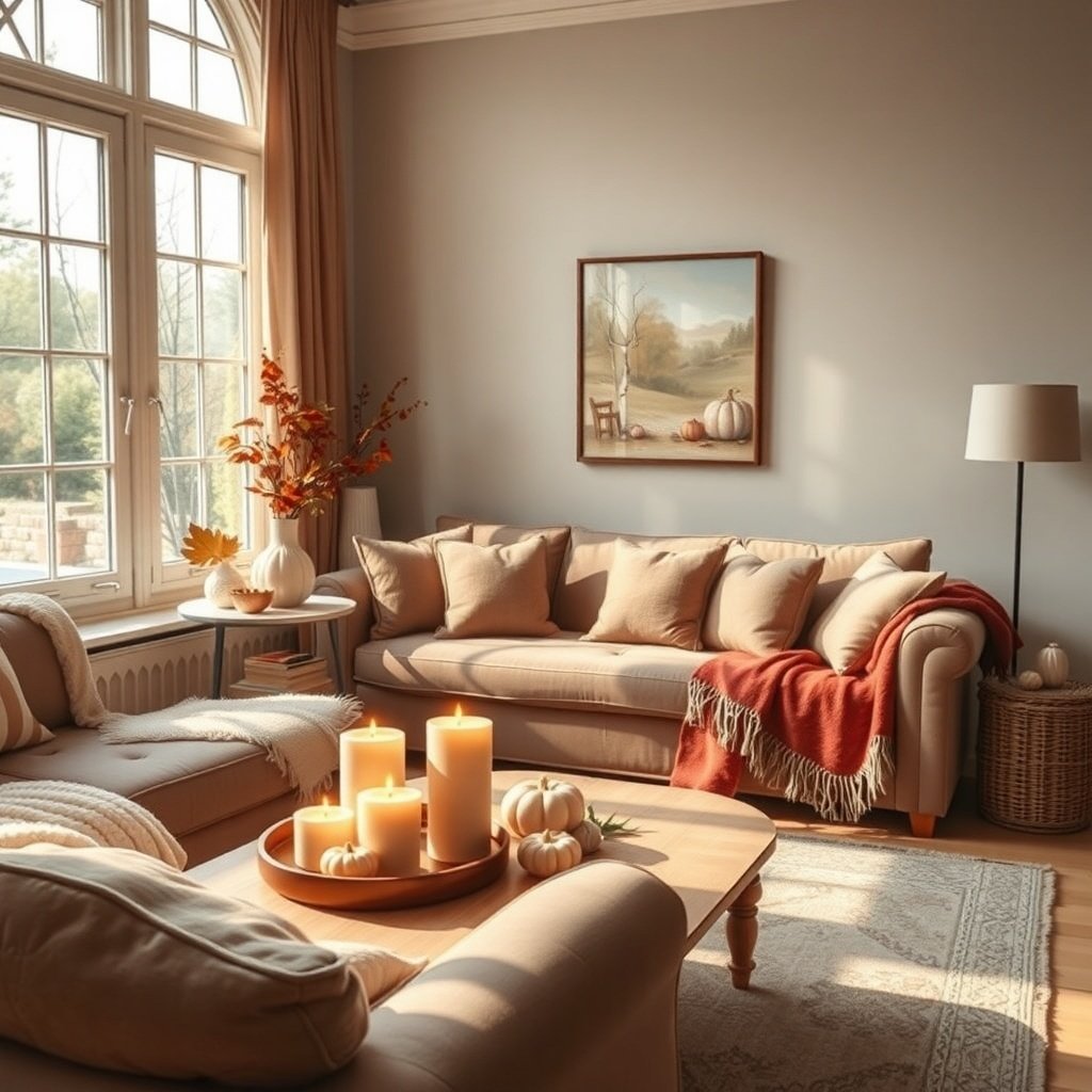 Cozy living room with beige furniture, autumn decor, and candles