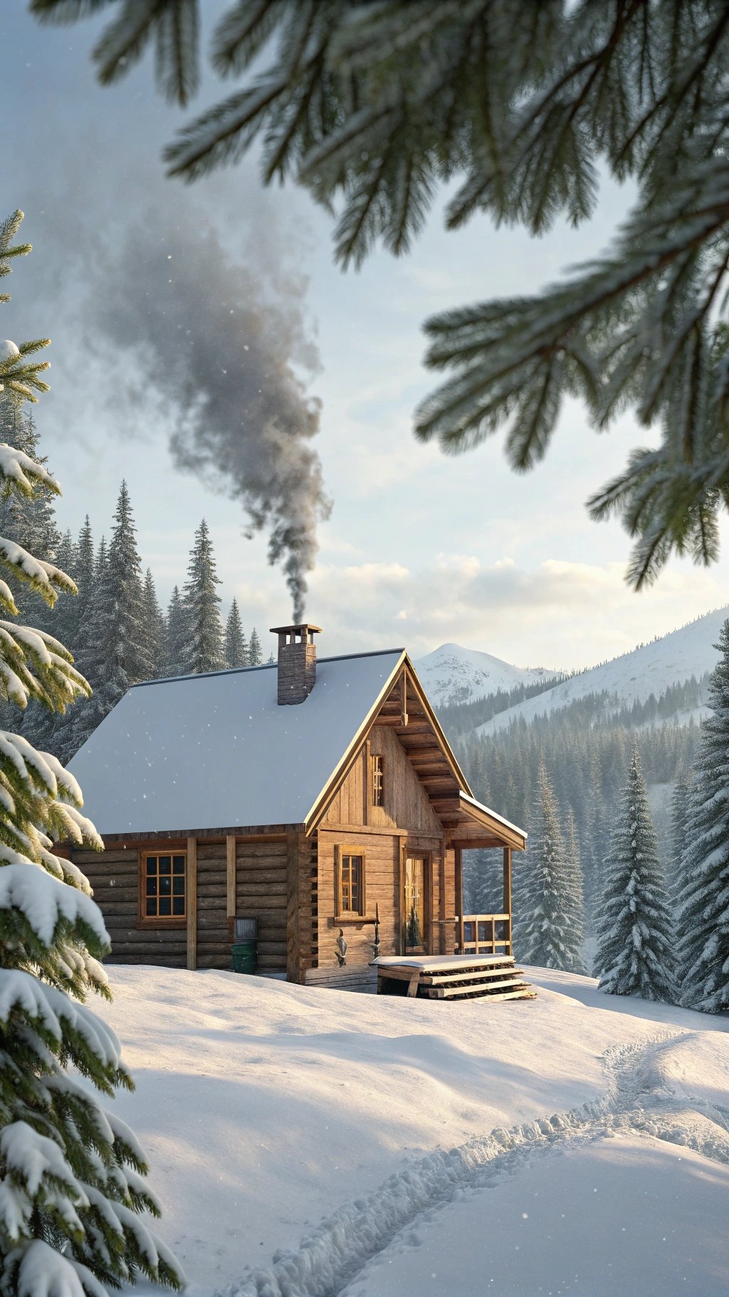 A cozy cabin in a snowy landscape with smoke coming from the chimney.