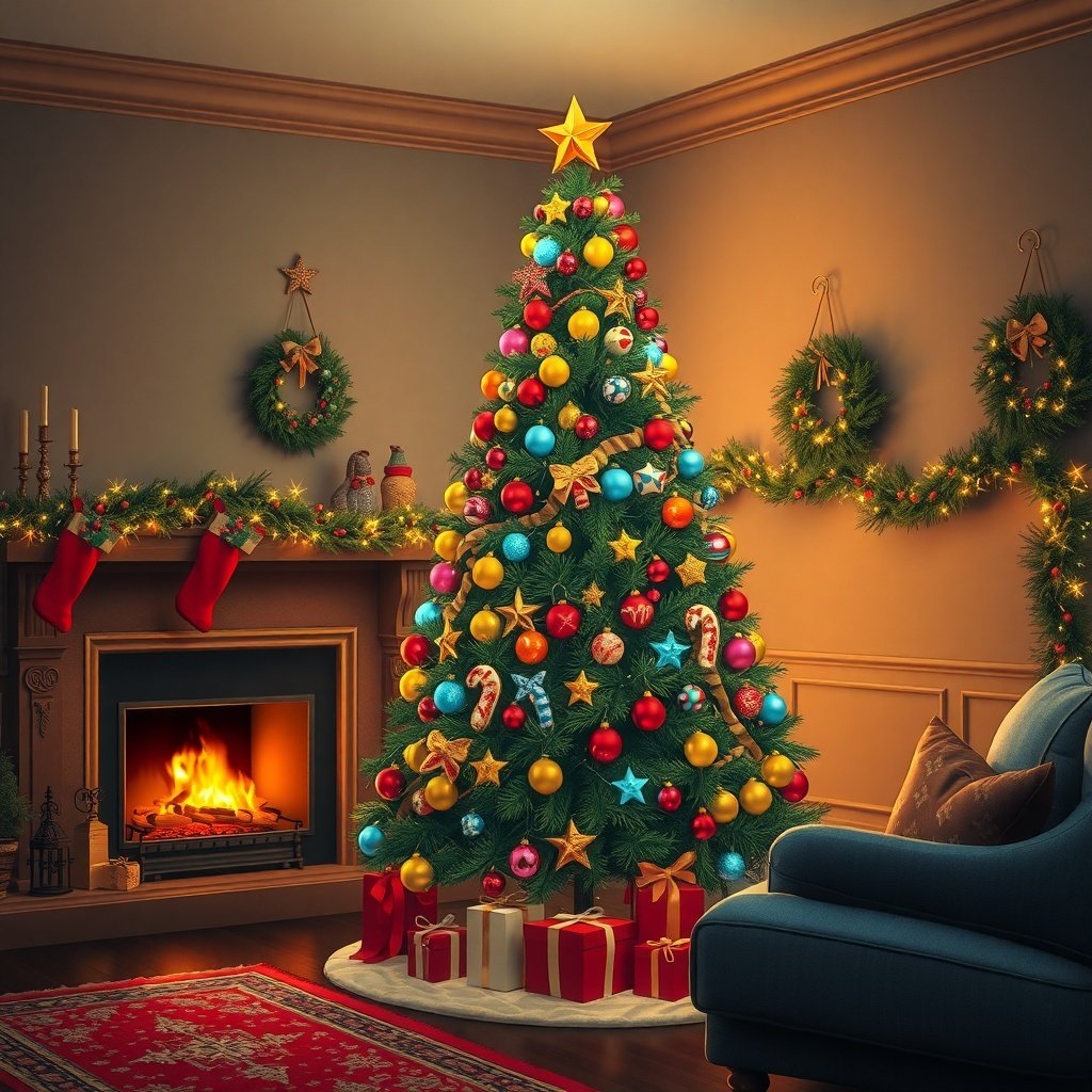 A beautifully decorated Christmas tree in a cozy living room with a fireplace.