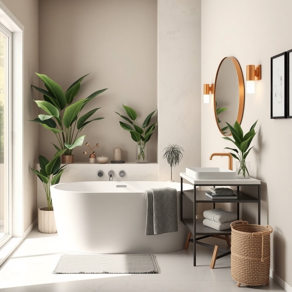 Modern bathroom with freestanding tub, plants, and stylish decor