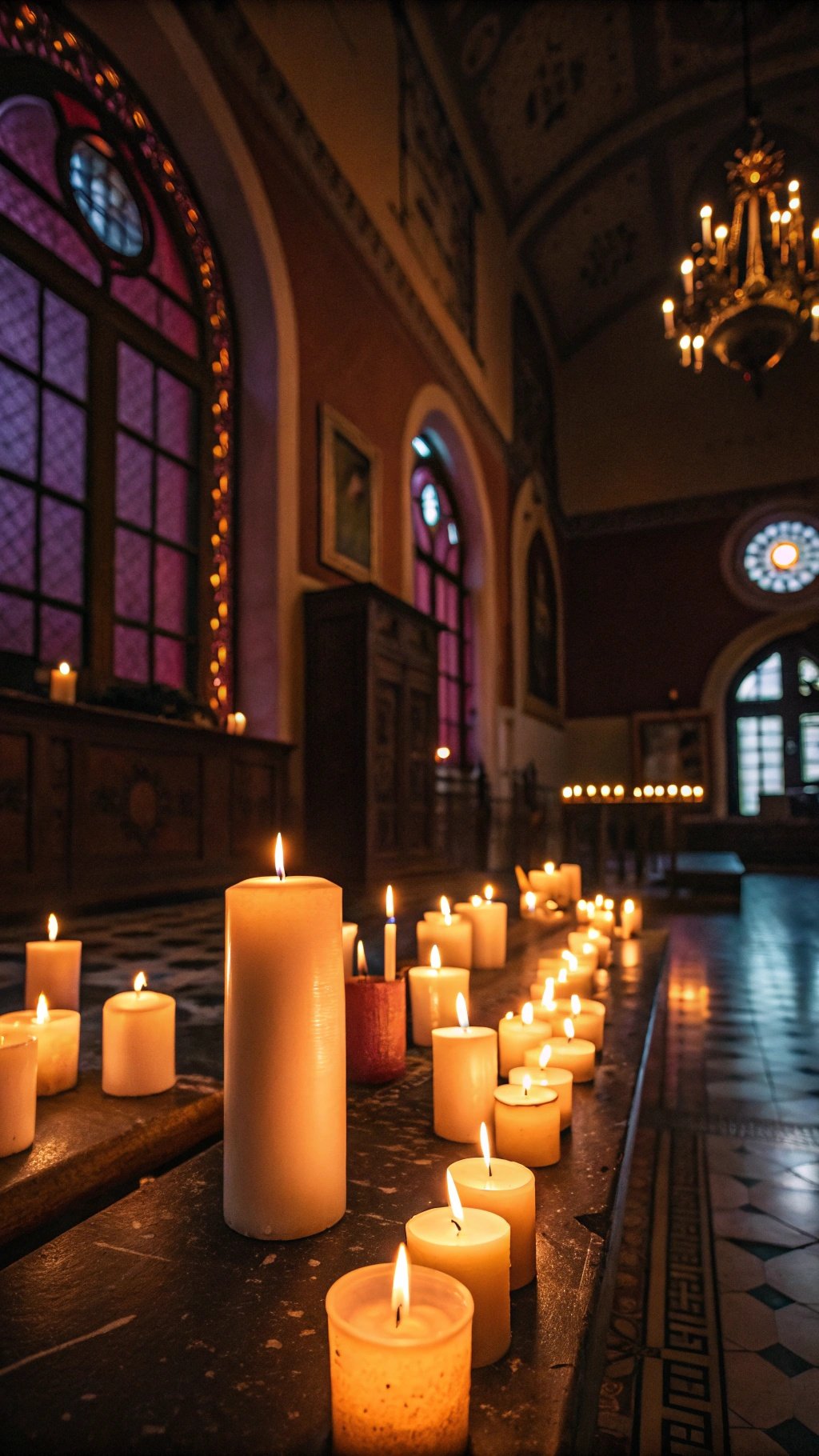 A serene scene of glowing candles in a warm, inviting space with stained glass windows.