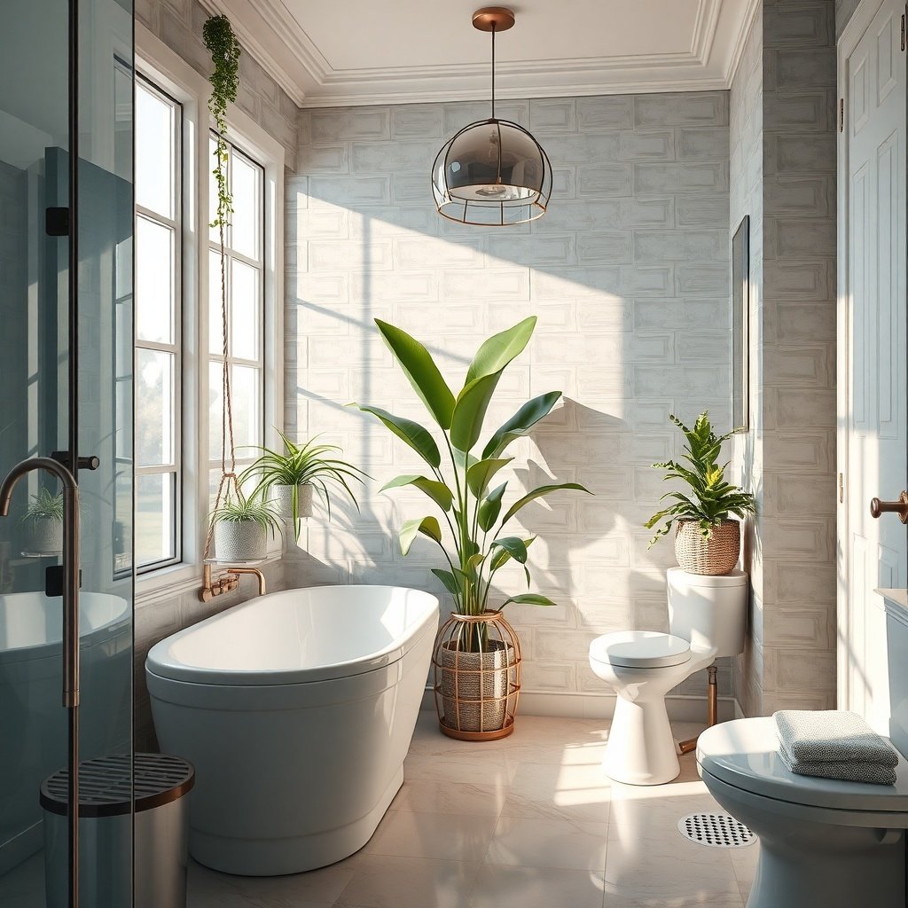A bright and modern bathroom featuring a freestanding bathtub, plants, and elegant decor.