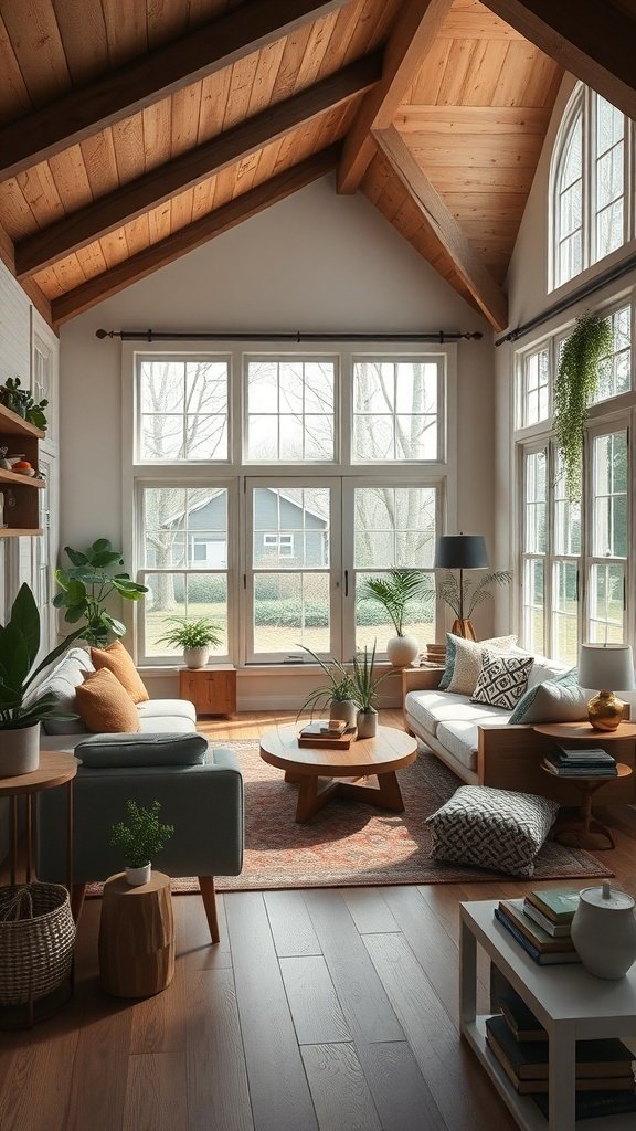 Cozy modern cottage living room with wooden ceiling and large windows. Interior Inspiration Ideas