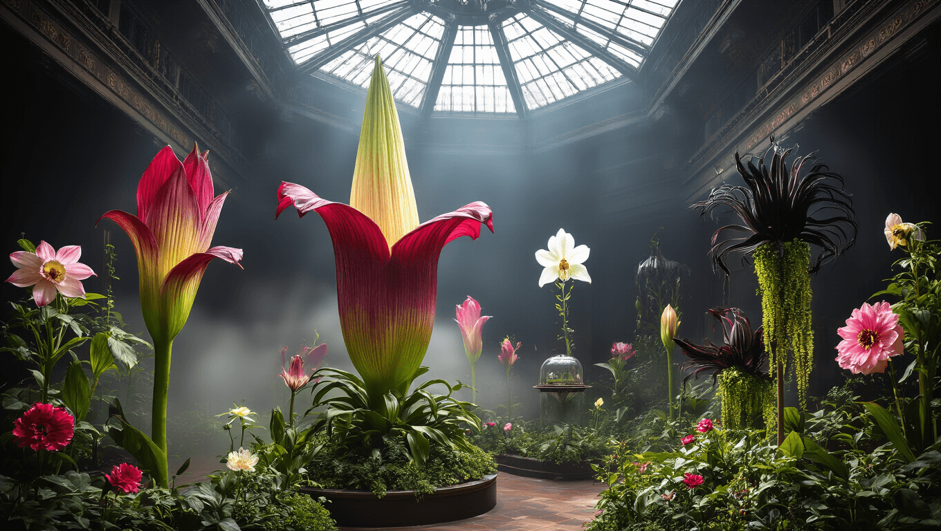 A hyperrealistic photographic collection of extraordinary flowers in a dramatic museum setting, featuring a towering Corpse Flower, ethereal Ghost Orchid, Gothic Black Bat Flower under glass, cascading Jade Vine, macro details of Dancing Girls Orchid, rich Hooker's Lips flower, and a time-lapse of Queen of the Night, all highlighted by professional lighting and moody atmosphere.