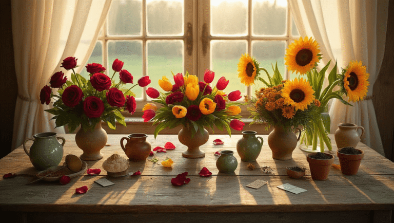 Cinematic overhead shot of a rustic farmhouse table adorned with luxurious mixed flower arrangements including crimson roses, vibrant tulips, and bright sunflowers, accented by gardening tools, vintage ceramics, loose petals, and warm sunlight, creating a serene and inviting atmosphere.
