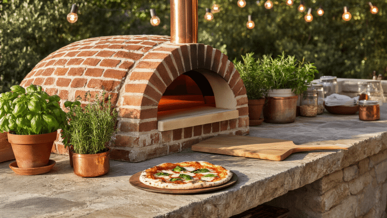 Cinematic outdoor kitchen featuring a rustic brick pizza oven with copper accessories, fresh herbs, and a charred margherita pizza on a wooden peel, bathed in warm golden hour lighting.