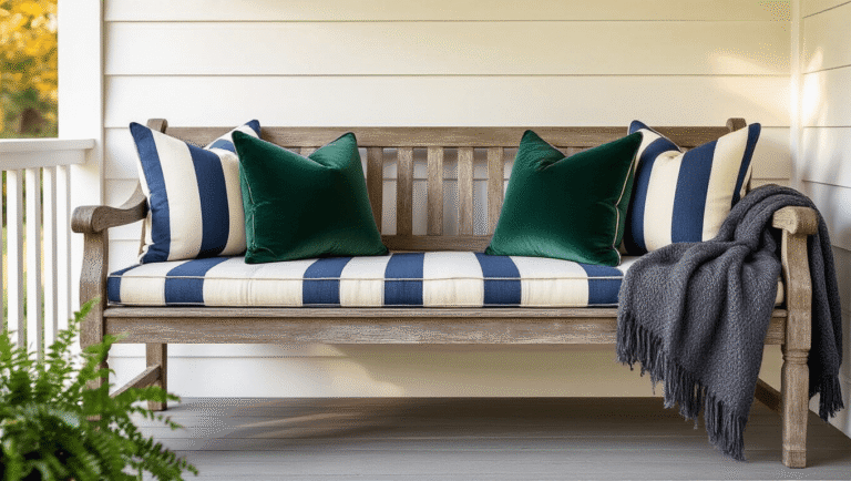 Inviting front porch with a rustic wooden bench adorned with navy striped cushions and emerald green pillows, warm golden hour lighting, lush plants, and soft string lights creating a cozy atmosphere.