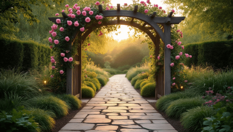 A wide-angle shot of a stunning garden entrance with a rustic wooden arbor covered in pink climbing roses, a natural stone pathway with moss-filled joints, and lush plant borders, illuminated by warm golden hour lighting and soft shadows.