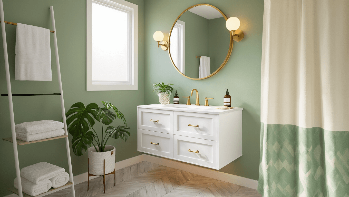 Cinematic wide-angle shot of a stylish apartment bathroom featuring sage green accent wall, floating white vanity with brass fixtures, large round mirror, and warm under-vanity lighting, evoking a cozy and modern spa-like atmosphere.