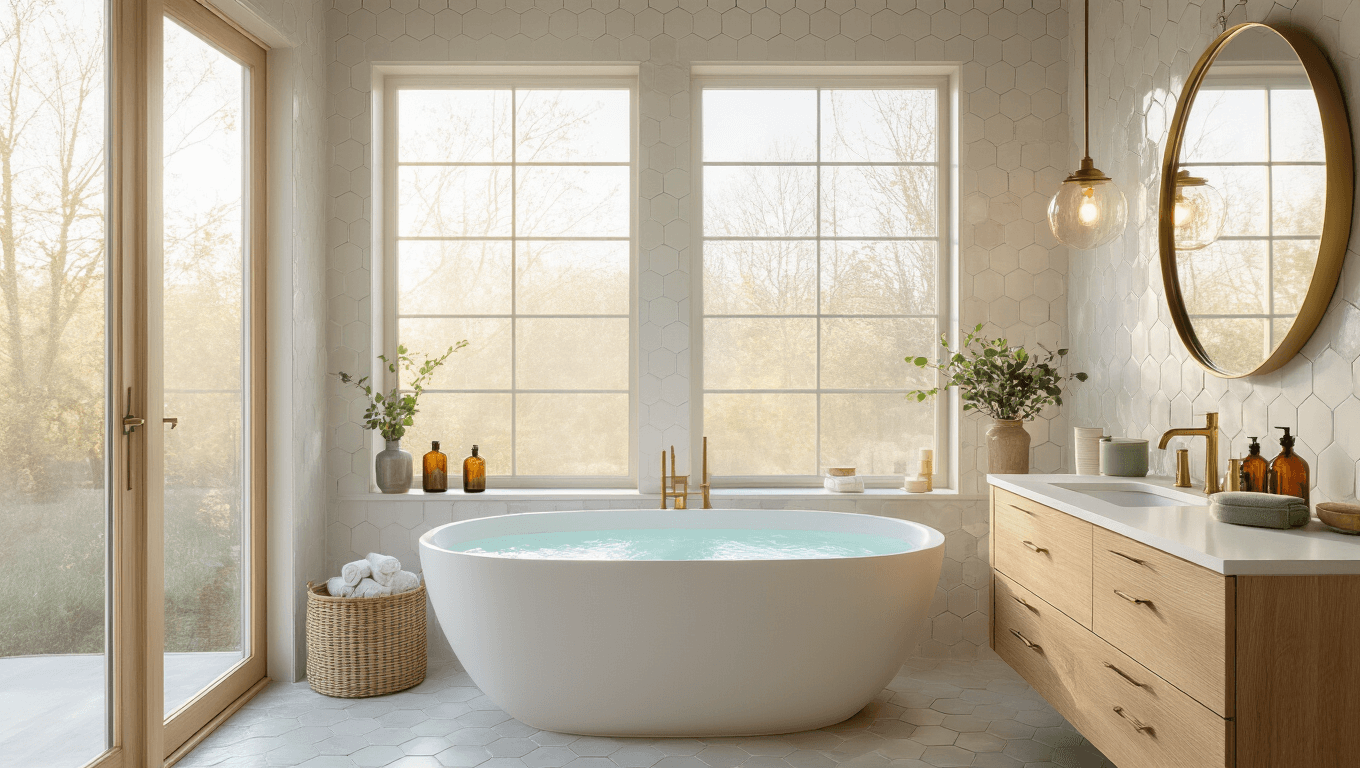 Cinematic wide-angle view of a luxurious Scandinavian-style master bathroom featuring a freestanding oval soaking tub, light oak floating double vanity with quartz countertops, and brass-framed mirror, all illuminated by soft morning light through floor-to-ceiling windows, with geometric hexagon marble tiles and elegant decor accents in sage green and cream.