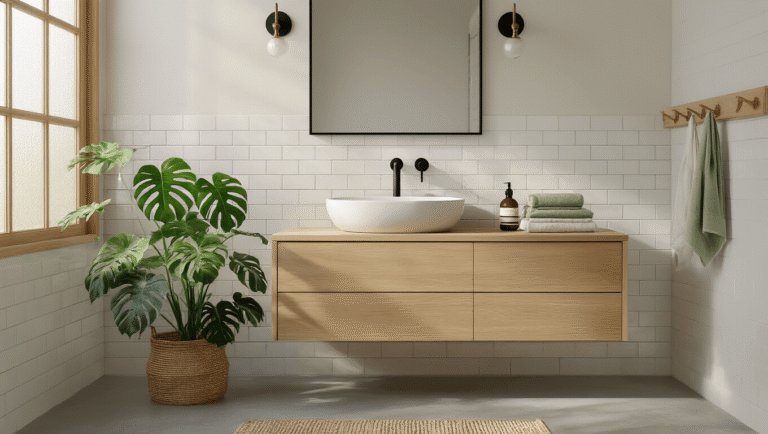 Cinematic wide-angle shot of a serene Scandinavian-inspired bathroom featuring a white oak floating vanity, matte black fixtures, white subway tiles, lush greenery, and warm ambient lighting during golden hour.