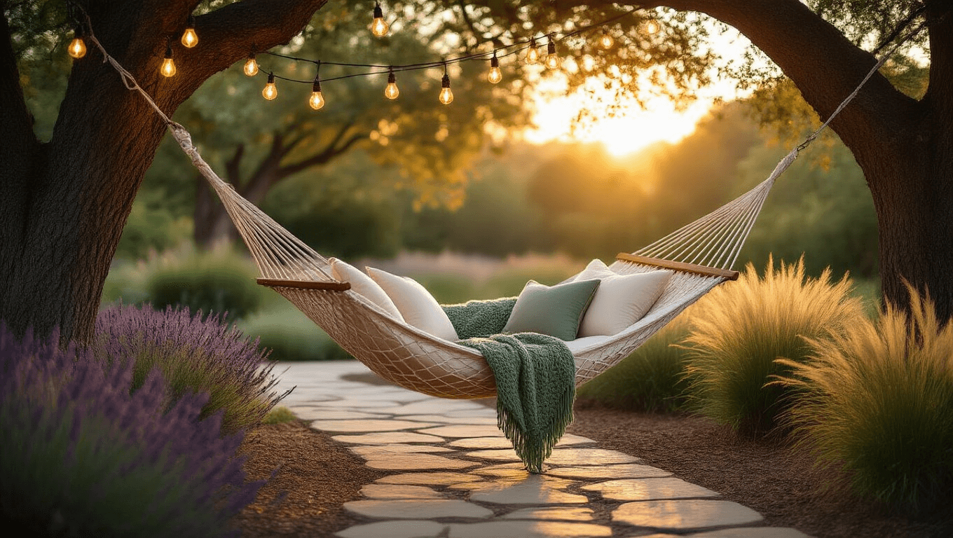 A luxurious garden hammock setup between two oak trees during golden hour, featuring a white rope hammock with cream cushions and a sage green throw, warm Edison bulb string lights, blooming lavender, and ornamental grasses, captured in soft focus with honey-gold tones.