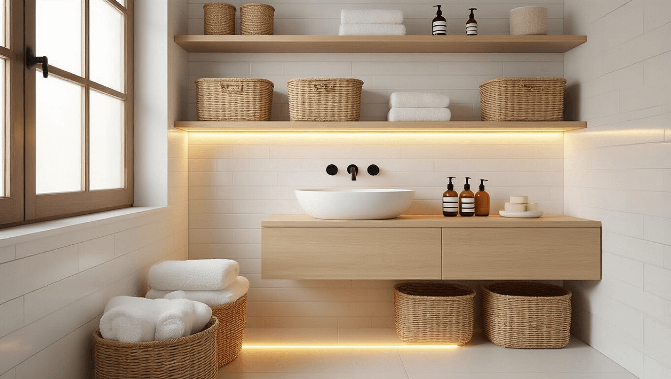 A cinematic wide-angle shot of a small bathroom makeover featuring warm morning light, white subway tiles, a blonde wood vanity with black fixtures, decorative seagrass storage baskets, LED lighting, and plush towels, creating a spa-like atmosphere.
