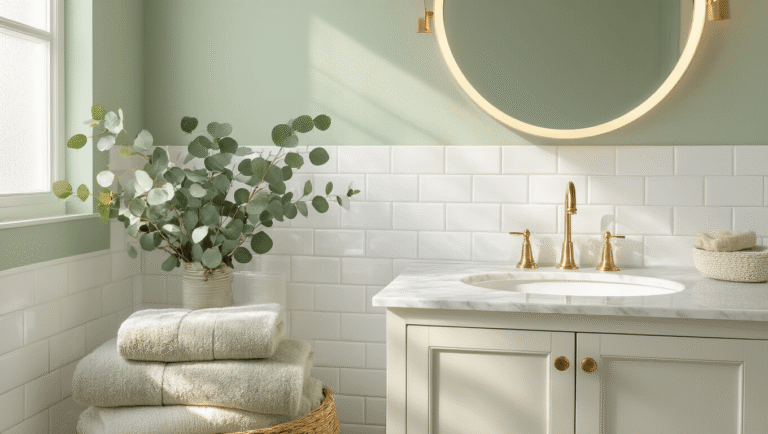 Cinematic view of a luxurious small bathroom featuring white subway tiles, sage green walls, a marble vanity with brass hardware, and warm sunlight illuminating the space, accentuated by plush Turkish towels and potted eucalyptus in a clean Scandinavian design.