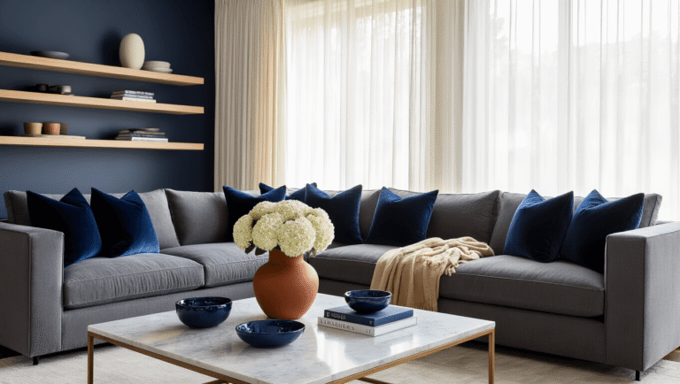 Elegant gray living room with navy velvet pillows, terracotta vase, and marble coffee table, illuminated by warm sunlight.