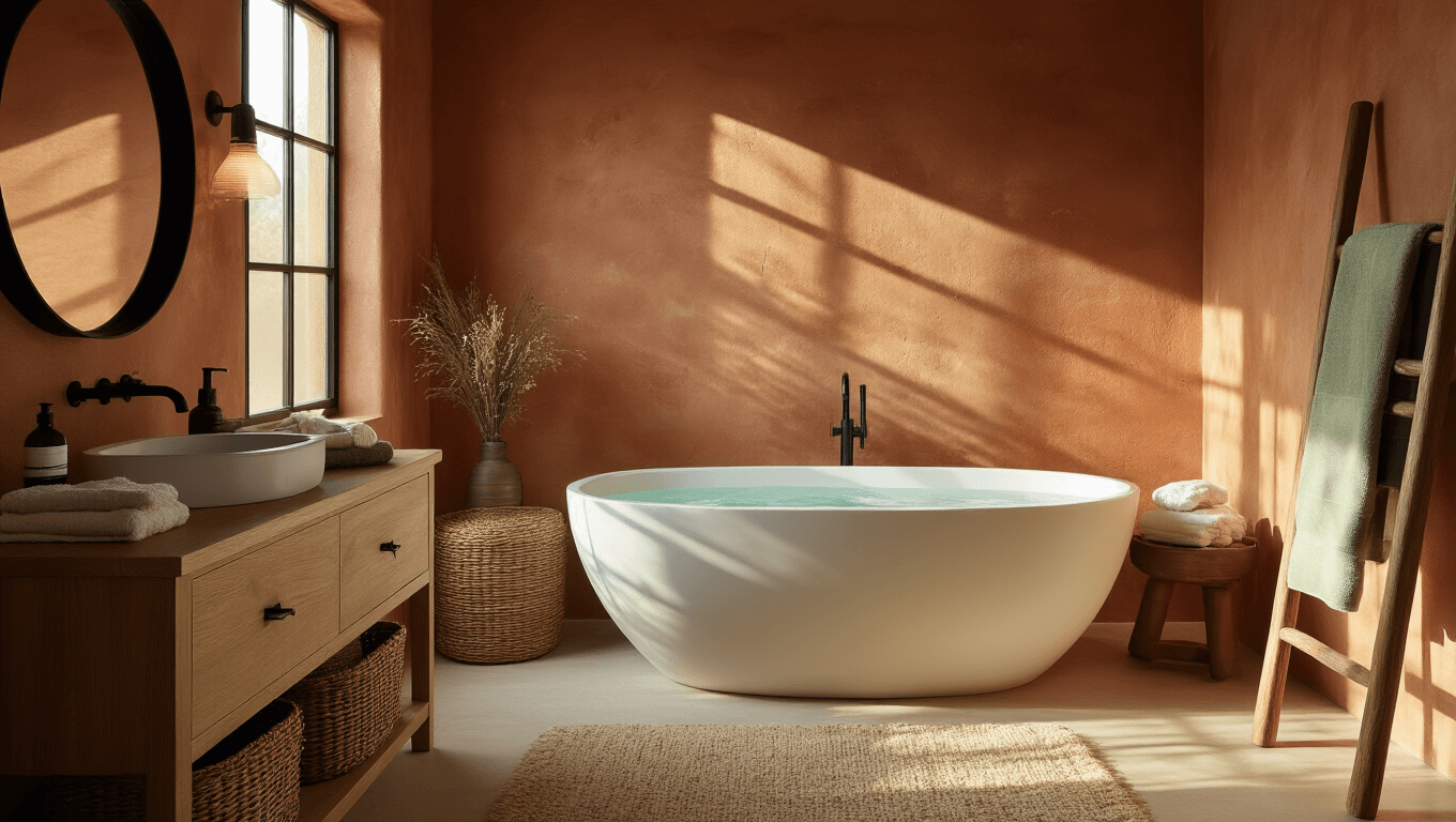 A luxurious spa-like bathroom featuring a freestanding soaking tub against textured clay walls, warm sunlight filtering through frosted glass, and layered natural textures including an oak vanity, woven baskets, and organic cotton towels, creating a serene atmosphere.