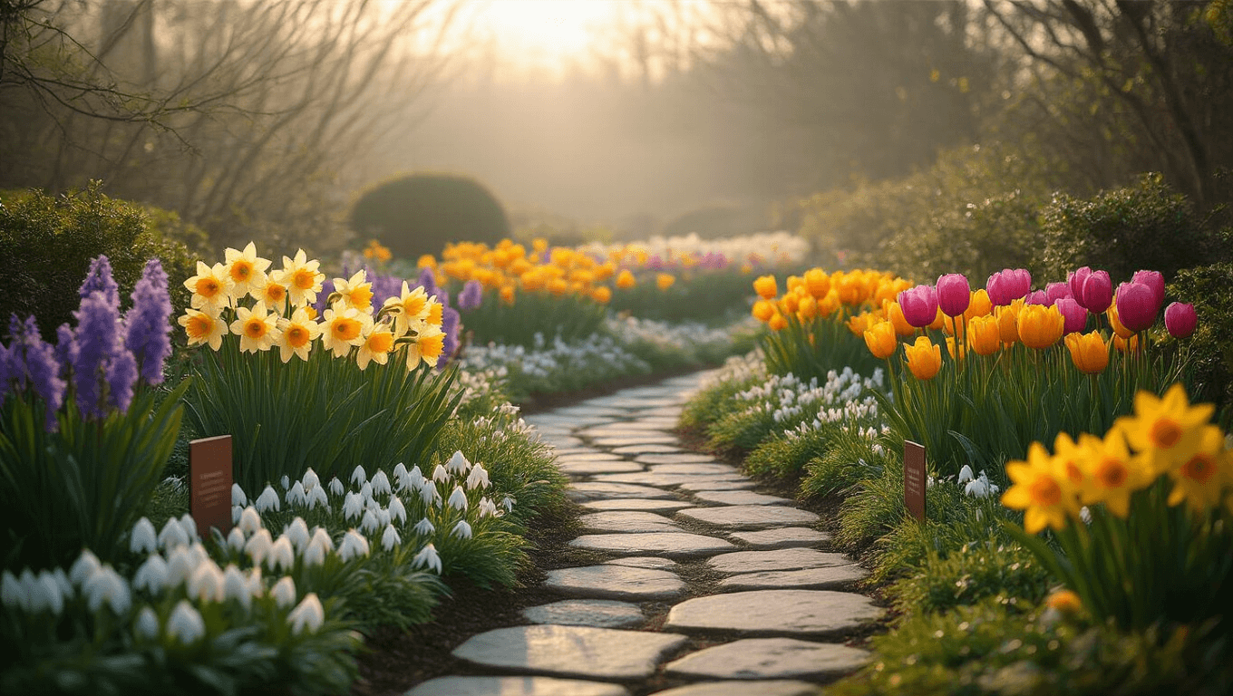 Photorealistic garden at golden hour showcasing vibrant perennial bulbs in bloom, including daffodils, tulips, hyacinths, and alliums, with a natural stone pathway, morning mist, and detailed petal textures.
