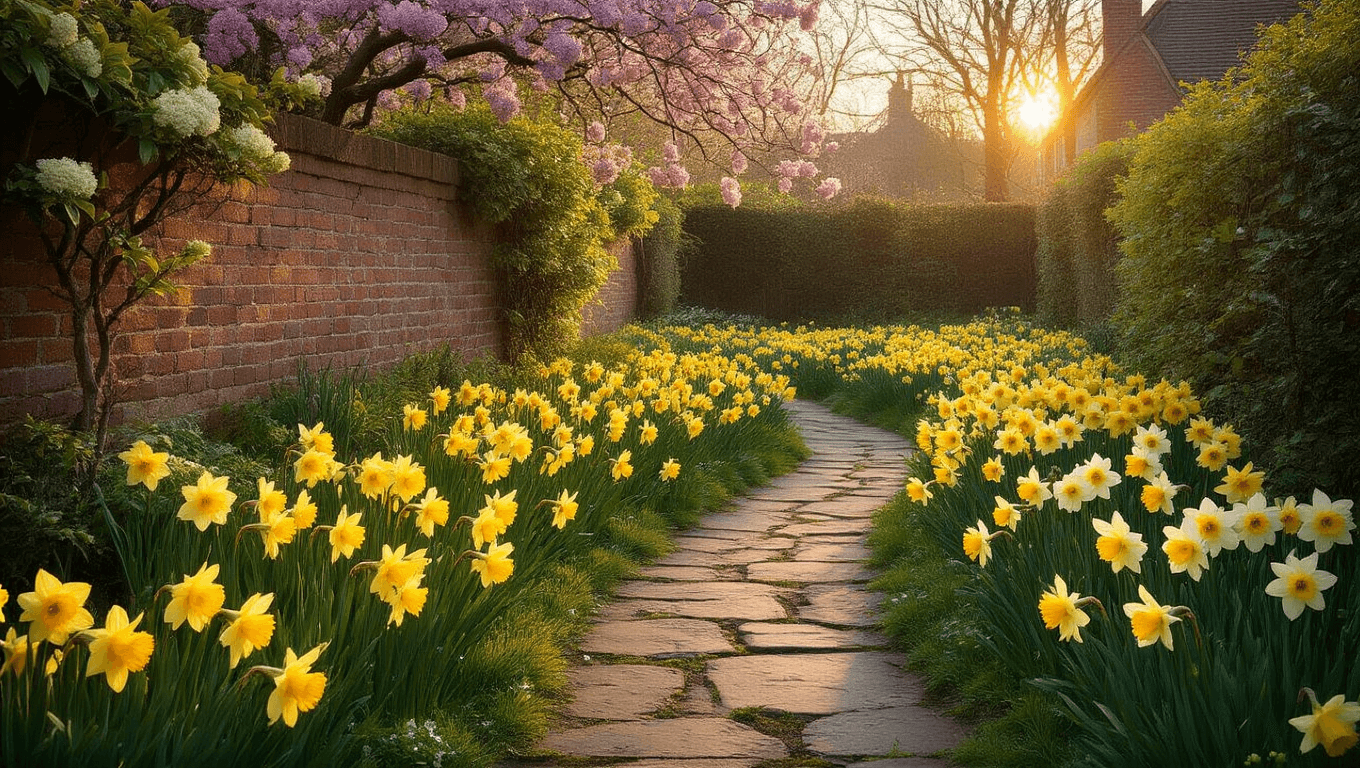Photorealistic wide-angle image of a charming English cottage garden at golden hour, featuring blooming daffodils in butter yellow and cream white, a winding stone pathway, an aged brick wall with climbing hydrangea, and a flowering cherry tree casting dappled shadows. The photo showcases a dreamy bokeh effect with a warm, natural color palette.