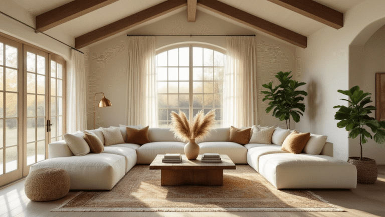 Sunlit cozy living room with vaulted ceilings, featuring a plush ivory sectional sofa, textured throw pillows, layered vintage rugs, distressed wooden coffee table, and a potted fiddle leaf fig plant, all illuminated by warm golden hour lighting.