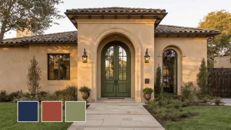 Cinematic photograph of a tan stucco house exterior at golden hour, focusing on an olive green front door framed by color palette swatches in deep navy blue, terracotta, matte black, sage green, bright yellow, and cream. The composition includes potted succulents, warm accent lighting, and dramatic depth of field, highlighting the textures of the stucco walls and wrought iron details.