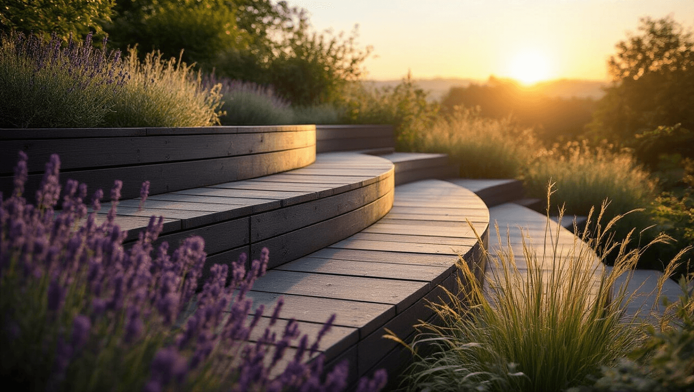 Photorealistic wide-angle shot of a terraced garden featuring dark-stained oak sleepers during sunset, with drought-resistant lavender and ornamental grasses, a natural stone pathway, and integrated LED lighting, all bathed in warm golden hour tones.
