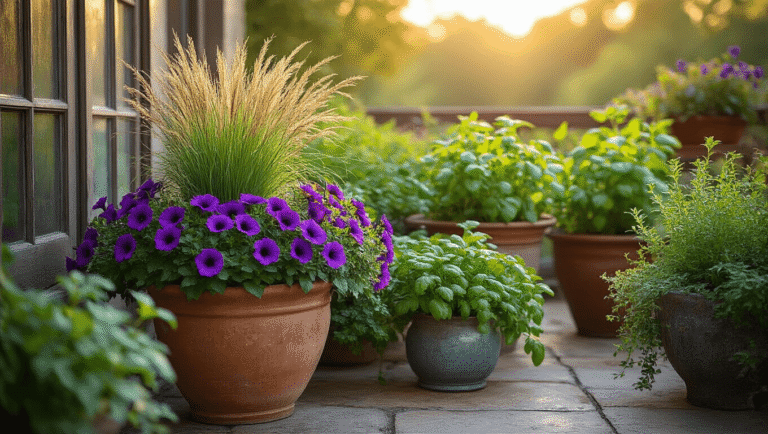 Cinematic wide-angle shot of a rustic patio corner showcasing creative container arrangements with thriller, filler, and spiller plants, featuring terracotta and ceramic pots overflowing with vibrant flowers and herbs, warm golden hour lighting, and a soft bokeh background of climbing vines.
