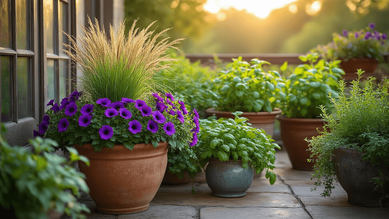 Cinematic wide-angle shot of a rustic patio corner showcasing creative container arrangements with thriller, filler, and spiller plants, featuring terracotta and ceramic pots overflowing with vibrant flowers and herbs, warm golden hour lighting, and a soft bokeh background of climbing vines.