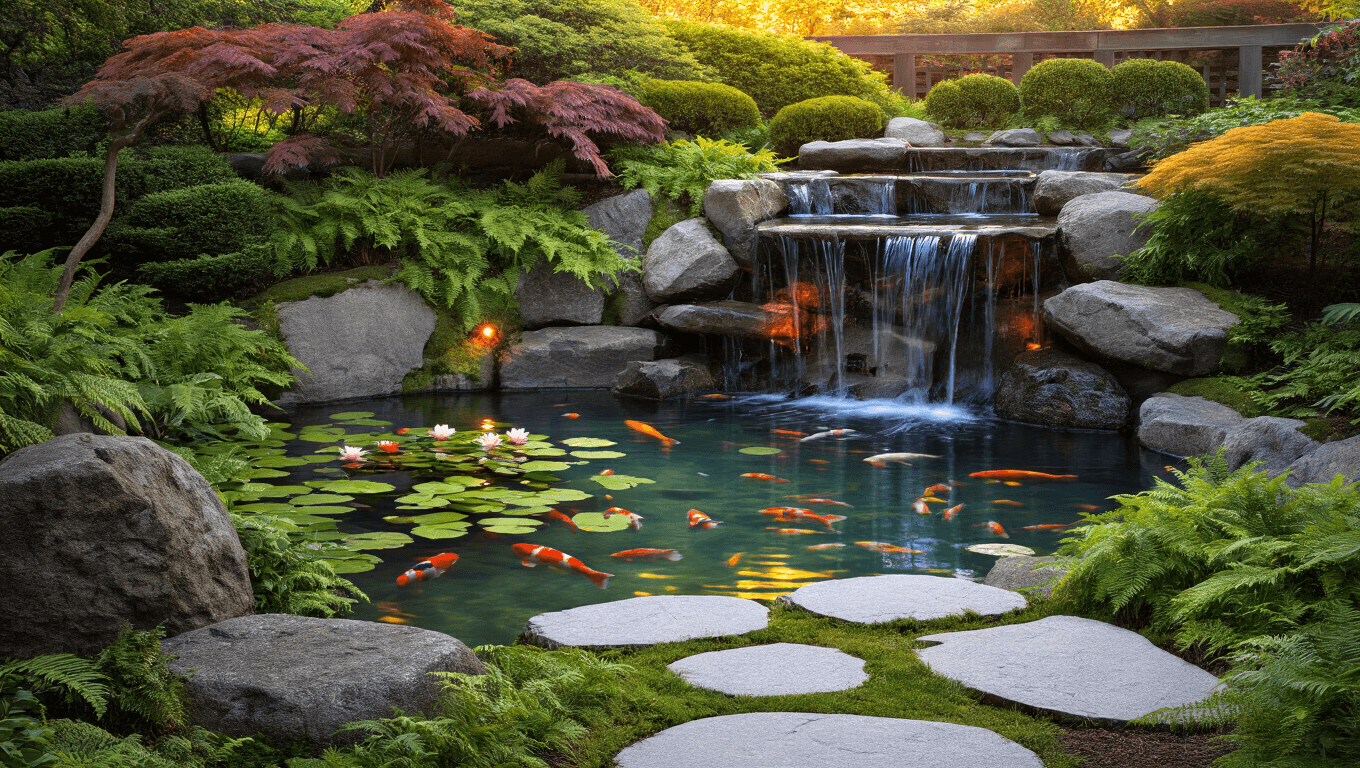 Photorealistic wide-angle view of a serene garden pond at golden hour, featuring a three-tiered stone waterfall, koi fish, and lush greenery, with warm reflections from underwater lights.