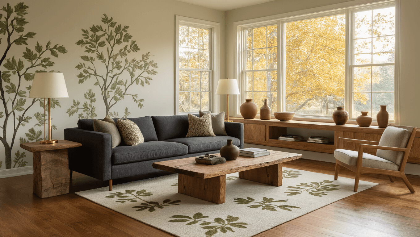 Cinematic wide-angle shot of a sophisticated living room with tree-inspired decor, featuring a charcoal linen sofa, reclaimed oak coffee table, and warm golden hour light streaming through large windows, highlighting botanical elements and earthy textures.