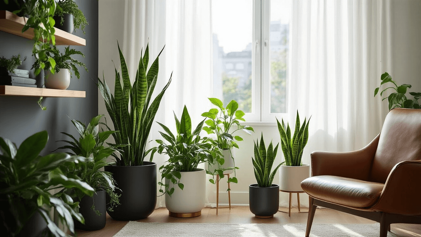 A serene apartment interior featuring low-light plants like a ZZ plant, pothos, and snake plants in elegant planters, with soft morning light filtering through sheer curtains and dramatic shadows enhancing leaf textures.