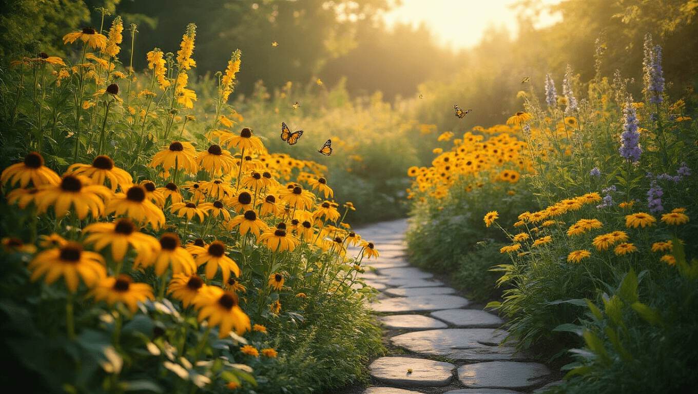 A vibrant yellow perennial garden at golden hour, featuring Black-Eyed Susans, Coneflowers, Daylilies, and taller False Sunflowers, with dew on petals, butterflies, and bees, bordered by a curved stone pathway and complemented by purple Catmint and Salvia.
