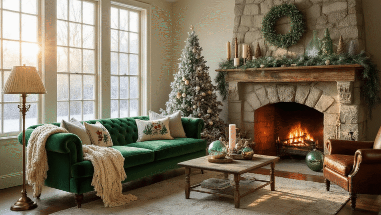 Cinematic shot of a vintage Christmas living room, featuring a stone fireplace adorned with nostalgic decorations, an emerald green velvet sofa, and warm winter sunlight filtering through frosted windows.